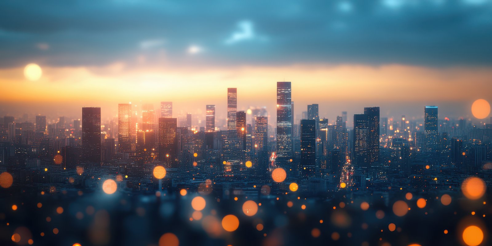 Sunset over a vibrant cityscape showcasing modern skyscrapers and twinkling city lights